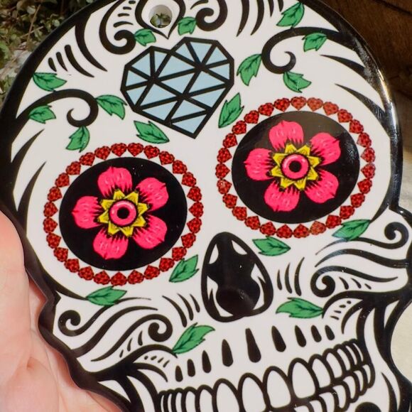 Sugar Skull Ceramic Wall Hanging Plaque-Cork Back - Picture 4 of 4